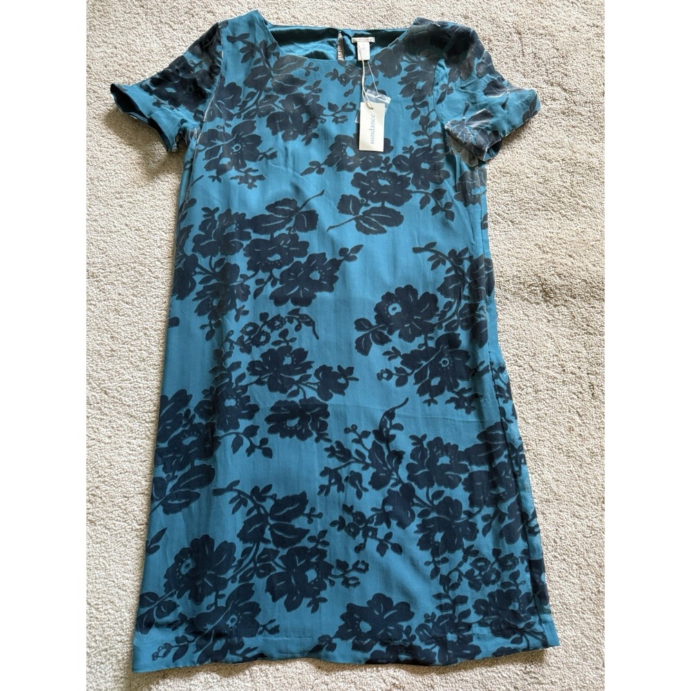 Sundance Woman's Ella Blue Silk/Velvet Short Sleeve‎ Shift Dress Size Small NWT